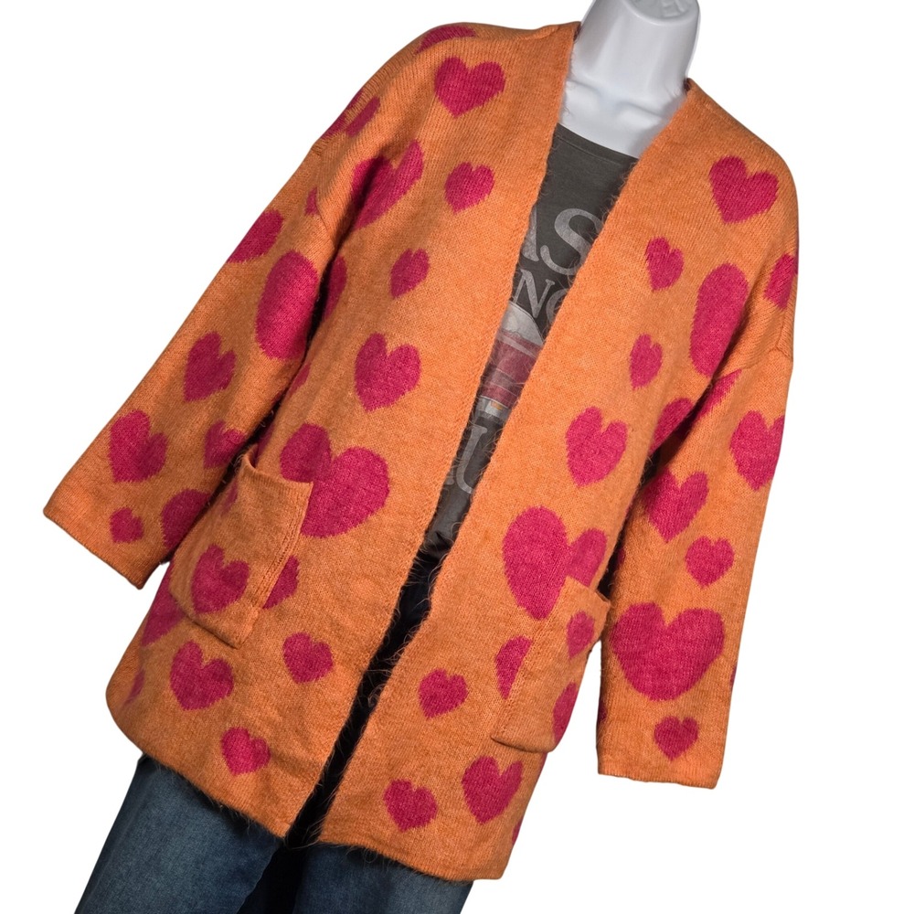 Maeve Anthropologie Women XS/S Halley Heart Cardigan Sweater Orange Pink Fuzzy